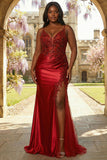 Burgundy Satin Mermaid Appliqued Plus Size Long Prom Dress with Slit