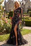 Black Mermaid One Shoulder Sequins Long Ball Dress with Bowknot