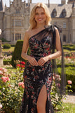 Black Mermaid One Shoulder Sequins Long Ball Dress with Bowknot