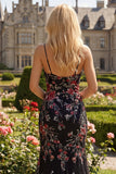 Black Pink Flower Spaghetti Straps Sequins Mermaid Long Ball Dress with Slit