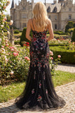 Black Pink Flower Spaghetti Straps Sequins Mermaid Long Ball Dress with Slit