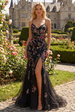 Black Pink Flower Spaghetti Straps Sequins Mermaid Long Ball Dress with Slit
