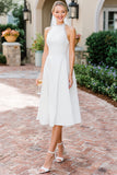 White A Line Lace Halter Midi Wedding Dress