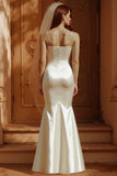 White Spaghetti Straps Satin Mermaid Long Wedding Dress