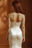 White Spaghetti Straps Satin Mermaid Long Wedding Dress