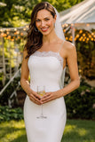 White Lace Spaghetti Straps Bodycon Midi Wedding Dress