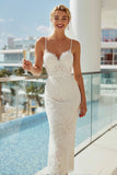 Lace Spaghetti Straps White Sheath Long Wedding Dress