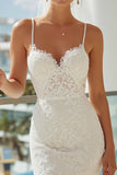 Lace Spaghetti Straps White Sheath Long Wedding Dress