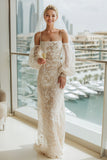 Lace Apricot Sheath Cold Shoulder Long Wedding Dress with Sleeves