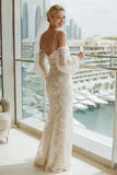 Lace Apricot Sheath Cold Shoulder Long Wedding Dress with Sleeves