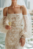 Lace Apricot Sheath Cold Shoulder Long Wedding Dress with Sleeves