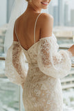 Lace Apricot Sheath Cold Shoulder Long Wedding Dress with Sleeves