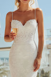 Ivory Spaghetti Straps Lace Sheath Long Wedding Dress