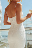 Ivory Spaghetti Straps Lace Sheath Long Wedding Dress