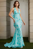 Green Mermaid Halter Printed Long Ball Dress with Bow
