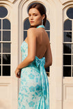 Green Mermaid Halter Printed Long Ball Dress with Bow