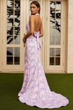 Halter Mermaid Lilac Floral Long Ball Dress with Bow