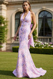 Halter Mermaid Lilac Floral Long Ball Dress with Bow