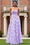 Lilac Floral A-Line Spaghetti Straps Long Ball Dress with 3D Flowers