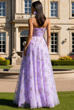 Lilac Floral A-Line Spaghetti Straps Long Ball Dress with 3D Flowers
