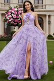 Lilac A-Line Halter Cut Out 3D Flower Long Ball Dress with Slit