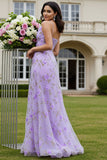 Lilac A-Line Halter Cut Out 3D Flower Long Ball Dress with Slit