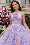 Lilac A-Line Halter Cut Out 3D Flower Long Ball Dress with Slit