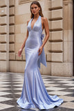 Light Blue Mermaid Beaded Halter Long Ball Dress with Bow