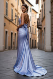 Light Blue Mermaid Beaded Halter Long Ball Dress with Bow