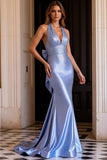 Light Blue Mermaid Beaded Halter Long Ball Dress with Bow