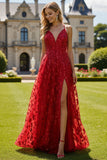 Red A-Line V-Neck Sequin Long Ball Dress with Slit