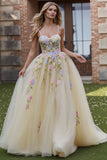 Light Yellow A-Line Spaghetti Straps Embroidered Tulle Long Ball Dress