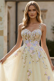 Light Yellow A-Line Spaghetti Straps Embroidered Tulle Long Ball Dress