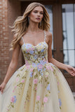 Light Yellow A-Line Spaghetti Straps Embroidered Tulle Long Ball Dress
