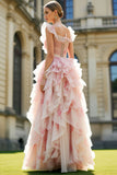 Blush Flower Ruffled A-Line Cut Out Long Ball Dress with Bows