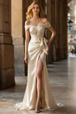 Off The Shoulder Champagne Mermaid Long Satin Ball Dress with Slit