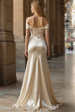 Off The Shoulder Champagne Mermaid Long Satin Ball Dress with Slit