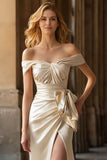 Off The Shoulder Champagne Mermaid Long Satin Ball Dress with Slit