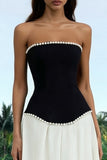 Strapless Black and White A Line Formal Dress with Pearls