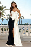 Strapless Black and White Ruched Mermaid Ball Dress