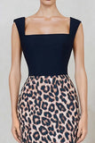 Black and Brown Leopard Square Neck Bodycon Midi Work Dress