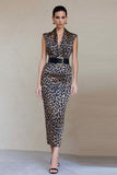 Brown Leopard Bodycon Printed Satin Midi Work Dress with Belt
