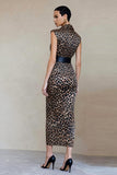Brown Leopard Bodycon Printed Satin Midi Work Dress with Belt