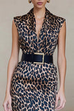 Brown Leopard Bodycon Printed Satin Midi Work Dress with Belt