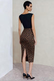 Bodycon Black and Brown Leopard Boat Neck Midi Work Dress with Slit