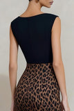 Bodycon Black and Brown Leopard Boat Neck Midi Work Dress with Slit
