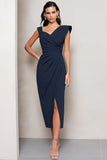Navy Sheath Ruched Satin Midi Work Dress with Slit