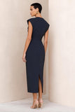 Navy Round Neck Satin Bodycon Midi Work Dress with Slit