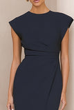 Navy Round Neck Satin Bodycon Midi Work Dress with Slit