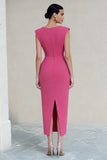 Sheath Ruched V-Neck Hot Pink Midi Work Dress with Slit